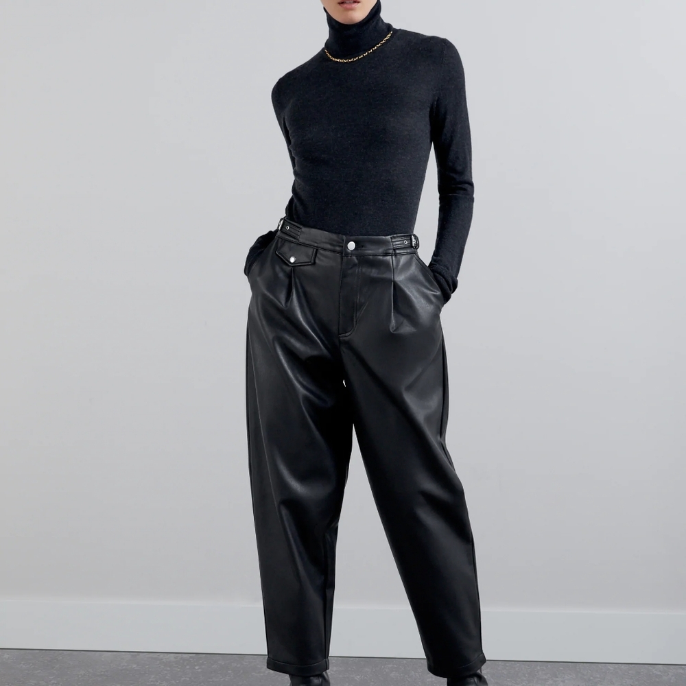 Zara Black Faux Leather Slouchy Trousers sz 02